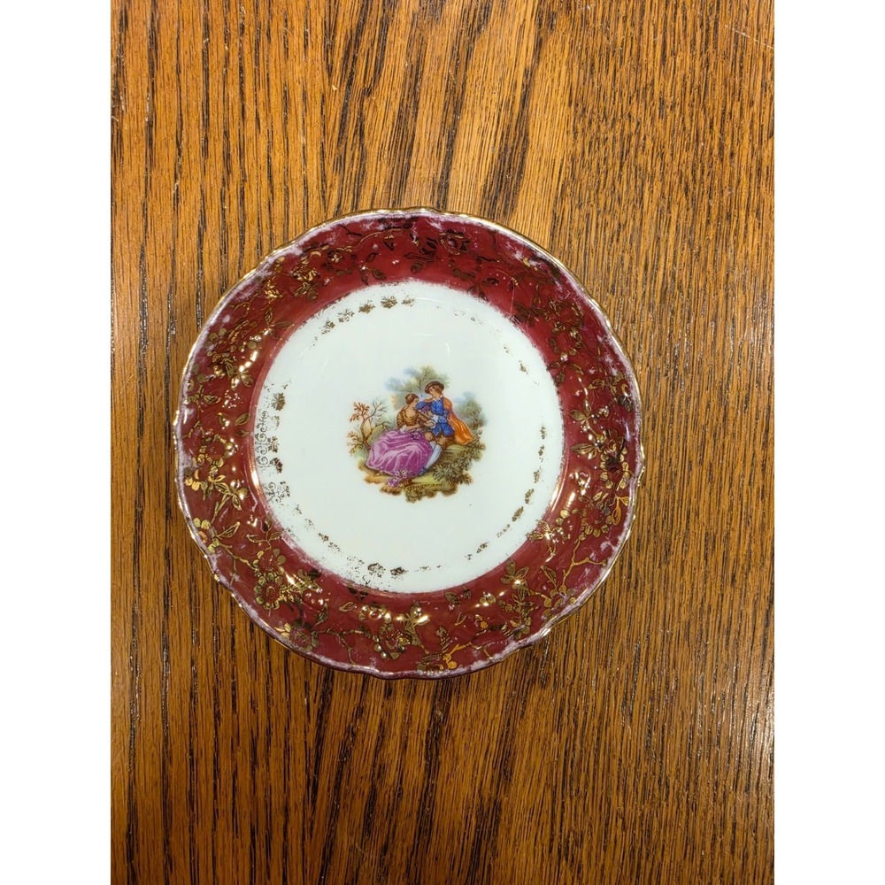 Vintage Limoges France Tiny Dish Collector Plate Red Gold Courting Couple Floral